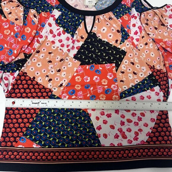 Eci New York Boho Flowy Top Floral Patchwork Print Cold Shoulder Blouse Size L - Picture 8 of 8